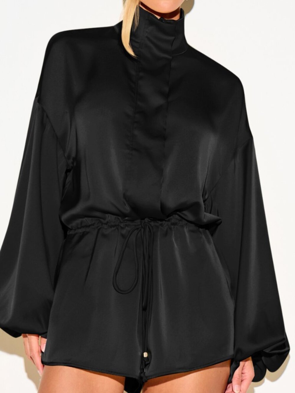 Black Chic Women's Funnel Neck Playsuit with Balloon Sleeves